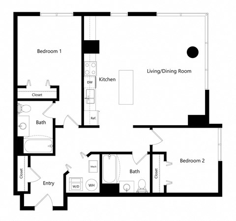 the two-bedroom Brooklyn floor plan at Midtown Crossing Apartments in Omaha, NE